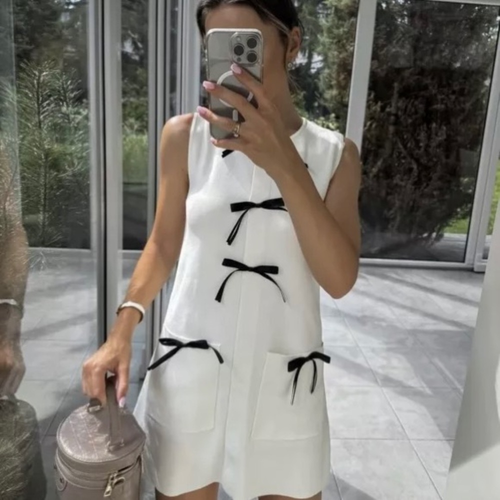 Zara cream mini dress with black bows xs